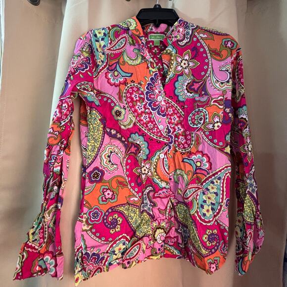 Vera Bradley Bright Pink Swirls Paisley Button Long Sleeve Top Size Small - Picture 1 of 3